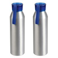 2x Stuks aluminium waterfles/drinkfles zilver met blauwe kunststof schroefdop 650 ml - thumbnail