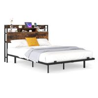 Industrieel Metalen Bed met Opbergruimte in het Hoofdeinde en Tweepersoonsbedframe met Ledverlichting en Oplaadstation