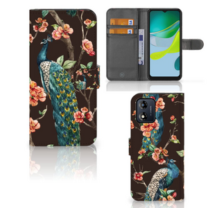 Motorola Moto E13 4G Telefoonhoesje met Pasjes Pauw met Bloemen