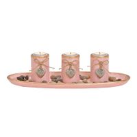 Houten schaal roze met 3 waxinelicht/theelicht houders met hartjes - thumbnail