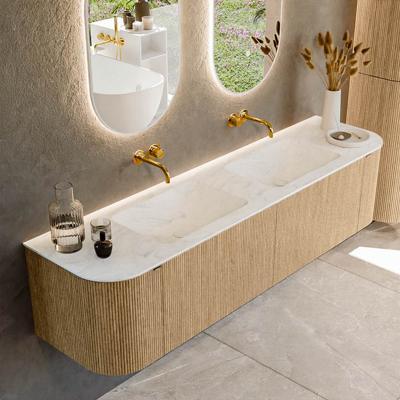 Badmeubel Mondiaz Kurve-Dlux | 180 cm | Meubelkleur Oak | Wastafelkleur Opalo | Solid surface | Dubbele spoelbak | Zonder kraangat(en)