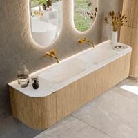 Badmeubel Mondiaz Kurve-Dlux | 180 cm | Meubelkleur Oak | Wastafelkleur Opalo | Solid surface | Dubbele spoelbak | Zonder kraangat(en)