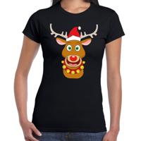 Foute Kerst t-shirt - met rendier Rudolf - rode muts - zwart - voor dames - kersttruien