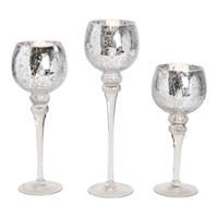 Windlichtset kelk crackle-effect zilver 30, 35, 40 cm x Ø13 cm van glas, set van 3