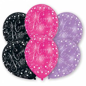 6 Happy Birthday ballonnen pink, paars en zwart
