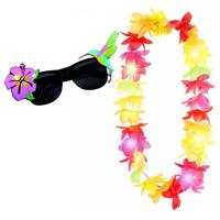 Tropical Hawaii party verkleed accessoires set - zomer thema zonnebril - bloemenkrans LED lampjes - thumbnail