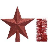 Kerstversiering kunststof glitter ster piek 19 cm en glitter folieslingers pakket rood van 3x stuks