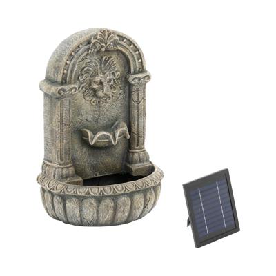 Tuinfontein op zonne-energie - spuitende leeuwenkop op versierd bassin - LED verlichting