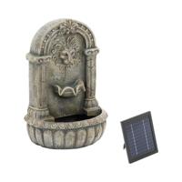 Tuinfontein op zonne-energie - spuitende leeuwenkop op versierd bassin - LED verlichting