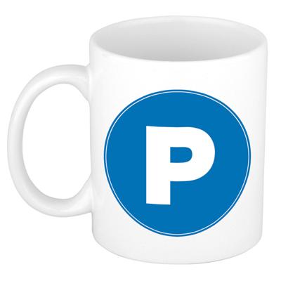 Koffie mok met de letter P - beker - blauw - eerste letter van een voornaam - wit - 300 ml