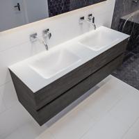 Mondiaz Vica Cloud badmeubel eiken donker bruin 150 cm 4 lades solid surface dubbele spoelbak zonder kraangat - thumbnail