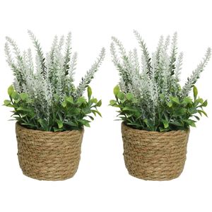 2x lavendel kunstplant in gevlochten plantenmand - wit - D12 x H26 cm