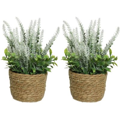 2x lavendel kunstplant in gevlochten plantenmand - wit - D12 x H26 cm