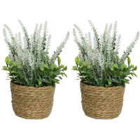 2x lavendel kunstplant in gevlochten plantenmand - wit - D12 x H26 cm