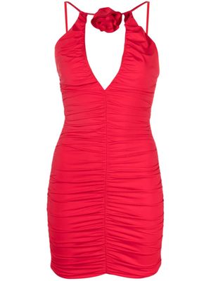Noire Swimwear robe courte froncée à fleurs appliquées - Rouge