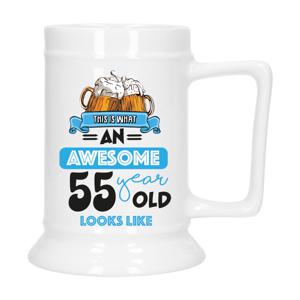 Cadeau Bierpul voor 55 jaar - blauw - grappige leeftijd bierpul - keramiek - 530 ml