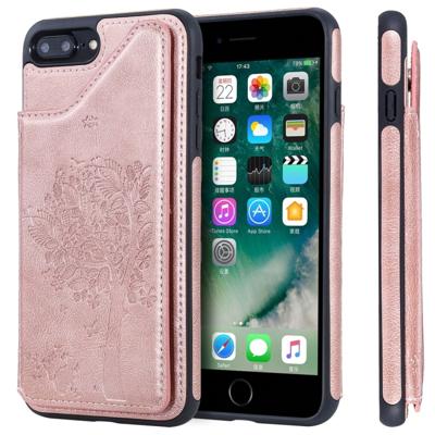 iPhone 7 Plus & 8 Plus Kat en boom patroon TPU + PU leren back cover Hoesje met foto frame en opbergruimte voor pinpassen (roze goudkleurig)