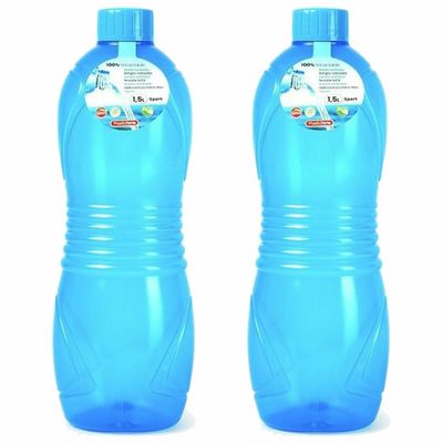 Drinkfles/waterfles/bidon - 2x - 1500 ml - transparant/blauw - kunststof