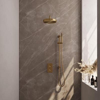 BRAUER Stripe Thermostatische Inbouw Regendouche - 3-weg - rechthoekig - 25cm douchekop - gebogen muurarm - staaf handdouche - doucheslang - geïntegreerde glijstang - goud geborsteld PVD 5-GG-403