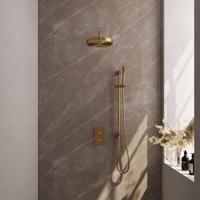 BRAUER Stripe Thermostatische Inbouw Regendouche - 3-weg - rechthoekig - 25cm douchekop - gebogen muurarm - staaf handdouche - doucheslang - geïntegreerde glijstang - goud geborsteld PVD 5-GG-403