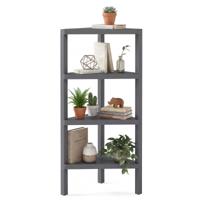 Hoekrek 4-Laags Hoekboekenkast met Open Lattenrekken Vrijstaande Displaystandaard Modern Opbergrek-Grijs