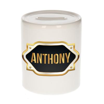 Spaarpot met voornaam Anthony - wit - goud/zwart embleem - 8 x 9 cm - keramiek - afsluitdop Spaarpot met voornaam Anthony - wit - goud/zwart embleem - 8 x 9 cm - keramiek - afsluitdop
