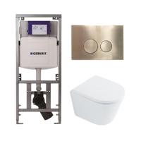 QeramiQ Dely Toiletset - 36.3x51.7cm - diepspoel - rimless - Geberit UP320 Burda inbouwreservoir - softclose toilet zitting 35 mm - geborsteld messing bedieningsplaat - ronde knoppen - wit glans SW1026255 / SW1159505/0701131/SW706200