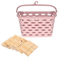 Wasknijpersmandje met haak - roze - en 100x houten wasknijpers 7 cm - Knijpers - thumbnail