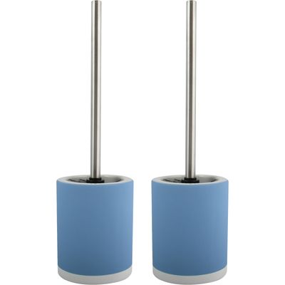 Toiletborstel in houder/wc-borstel - 2x - keramiek/metaal - pastel blauw - 38 x 11 cm