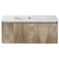 Frozen 3D Badmeubelset 100 cm - Greeplijst in Kleur - Grain Oak - Keramische Wastafel Wit Zonder Kraangat