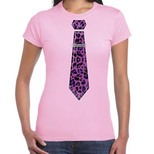 Verkleed T-shirt voor dames - panterprint stropdas - roze - foute party - carnaval/themafeest