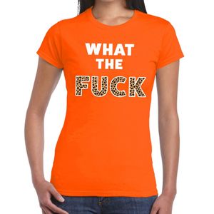 What the Fuck tijgerprint tekst t-shirt oranje dames