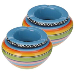 Asbak - 2x - gekleurd - D14 cm - aardewerk - blauw - rond - buiten/binnen asbakken