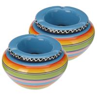 Asbak - 2x - gekleurd - D14 cm - aardewerk - blauw - rond - buiten/binnen asbakken