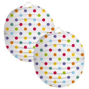 Lampion stippen - 2x - 22 cm - wit/regenboog kleuren - papier