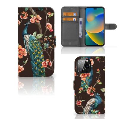 iPhone 14 Pro Max | Telefoonhoesje | Met pasjeshouder | Pauw met Bloemen