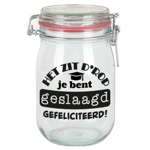 Cadeau voorraadpot - geslaagd - glas - 11 x 11 cm - 1 liter - afgestudeerd cadeau - snoeppot