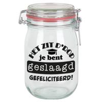 Cadeau voorraadpot - geslaagd - glas - 11 x 11 cm - 1 liter - afgestudeerd cadeau - snoeppot