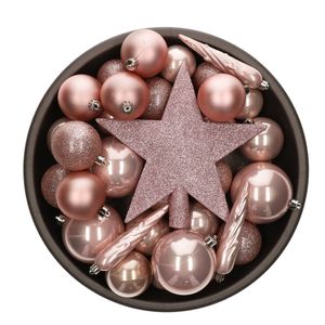 Set van 33x stuks kunststof kerstballen met ster piek lichtroze (blush pink) mix - Kerstbal