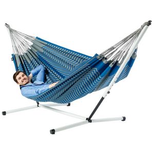 Tweepersoons hangmat met metalen standaard - 350x160cm - Blauw - 160kg draagkracht- 100% katoen - binnen & buiten
