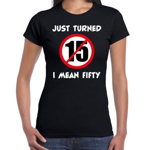 Just turned 15 I mean 50 Sarah verjaardag cadeau t-shirt zwart dames