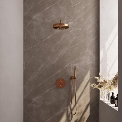 BRAUER Stripe Thermostatische Inbouw Regendouche - 3-weg - rond - SET 38 - 25cm douchekop - gebogen muurarm - staaf handdouche - doucheslang - wandaansluitbocht - koper geborsteld PVD 5-GK-439