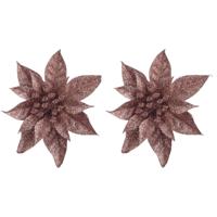 5x Kerstboomversiering op clip donker beige glitter bloem 15 cm