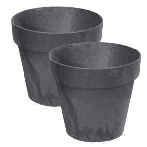 Bloempot/plantenpot - Set van 2x stuks - betonlook - antraciet - kunststof - Dia 14 cm