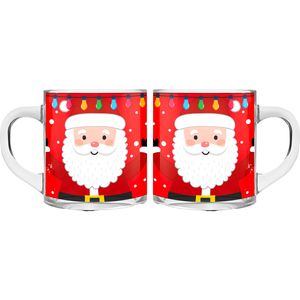 Kerst mokken/bekers - 2 stuks - glas - 300 ml - kerstman - 11 cm