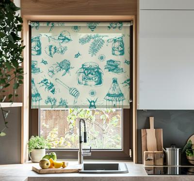 Honing turquoise patroon rolgordijn keuken