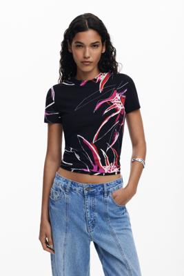 T-shirt met abstracte bloemen - BLACK - L