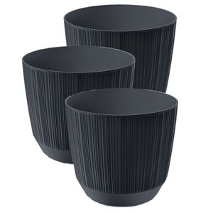 3x stuks moderne carf-stripe plantenpot/bloempot kunststof dia 13 cm/hoogte 11 cm antraciet grijs