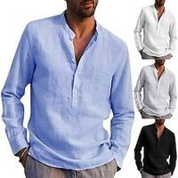 Voor heren Overhemd linnen overhemd Zomer overhemd Strand Kleding Overhemd met bandkraag Licht Blauw Rode Wijn Zwart Wit Lange mouw Effen Kleur Kraag Zomer Lente Straat Hawaii Kleding Lightinthebox - thumbnail