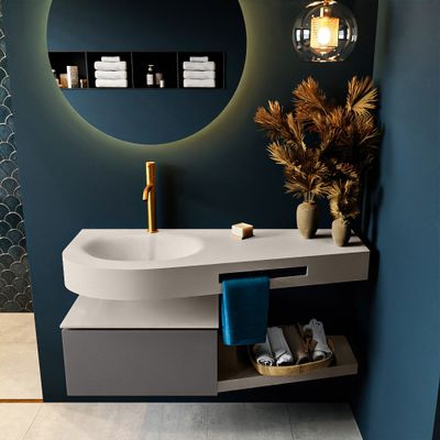 MONDIAZ RIVA 120cm badmeubel onderkast / planchet kleur Dark_Grey met 1 lade. Wastafel DULCET links 1 kraangat kleur Linen. MONDIAZ RIVA 120cm badmeubel onderkast / planchet kleur Dark_Grey met 1 lade. Wastafel DULCET links 1 kraangat kleur Linen.